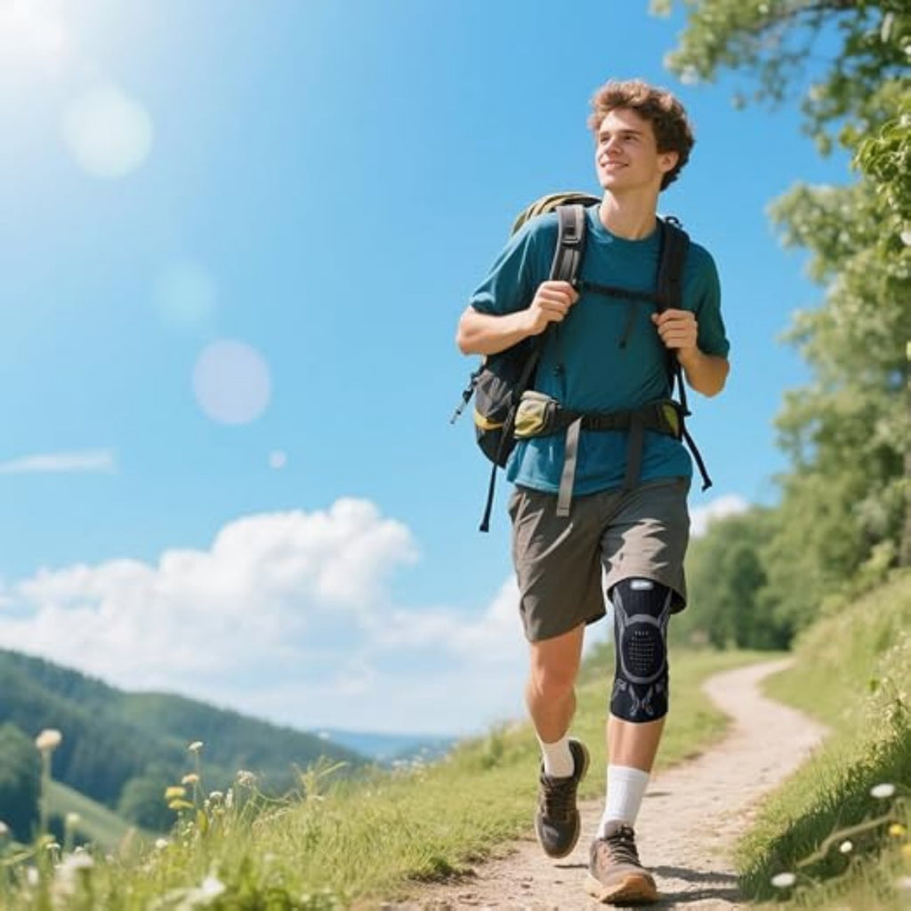 Mann mit Bandagebank Kniebandage beim Wandern